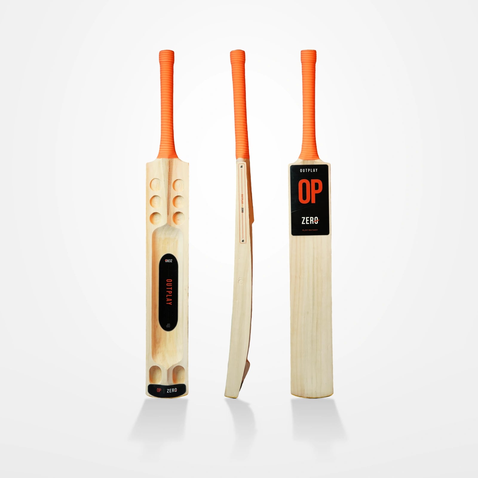 OUTPLAY ZERO shown three ways on a white studio background: from the back on the left, in side profile in the middle and from the front on the right, each with an orange grip