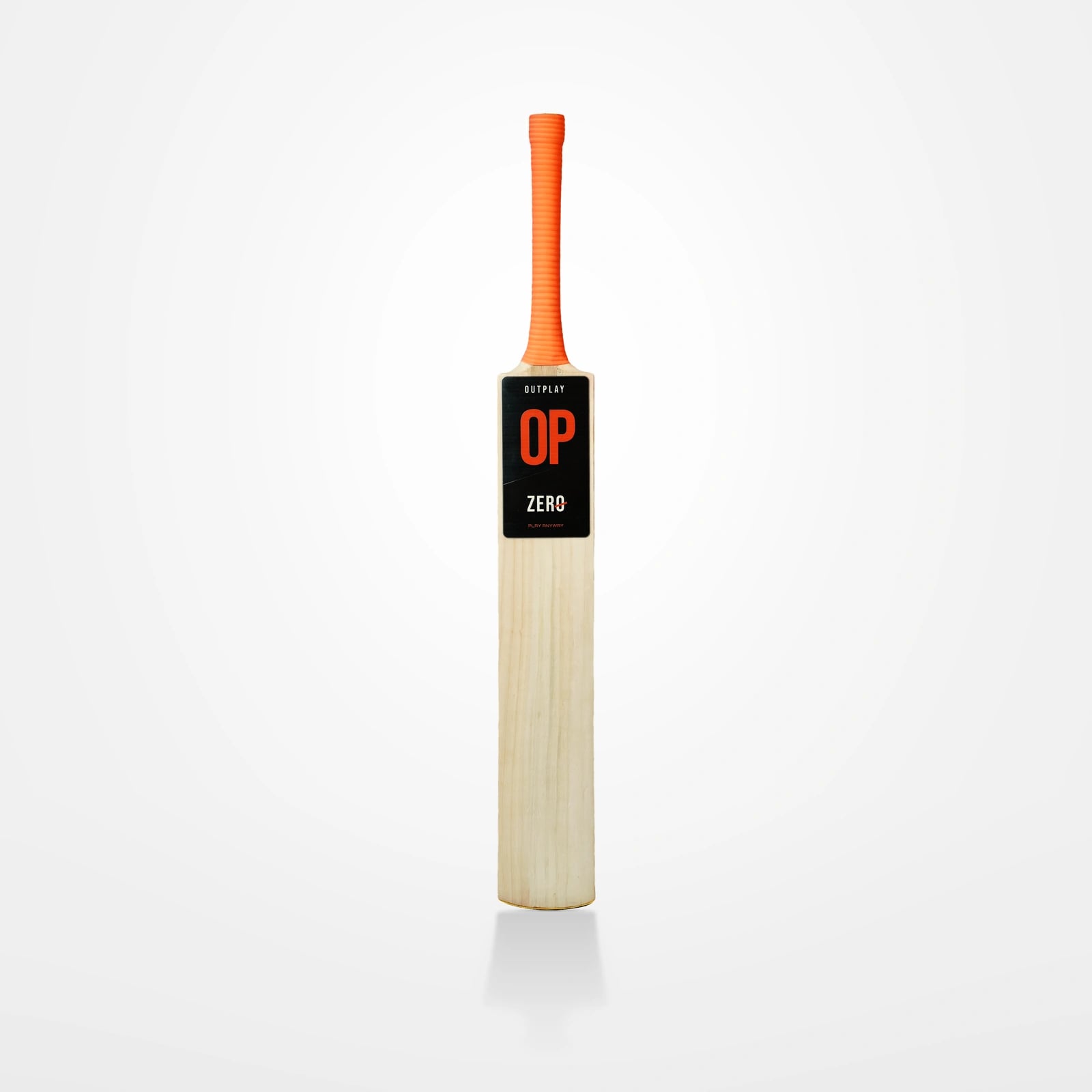 Front of OUTPLAY ZERO on a white studio background, with an orange grip, a black OUTPLAY OP ZERO label below the shoulders and visible grain down the blade