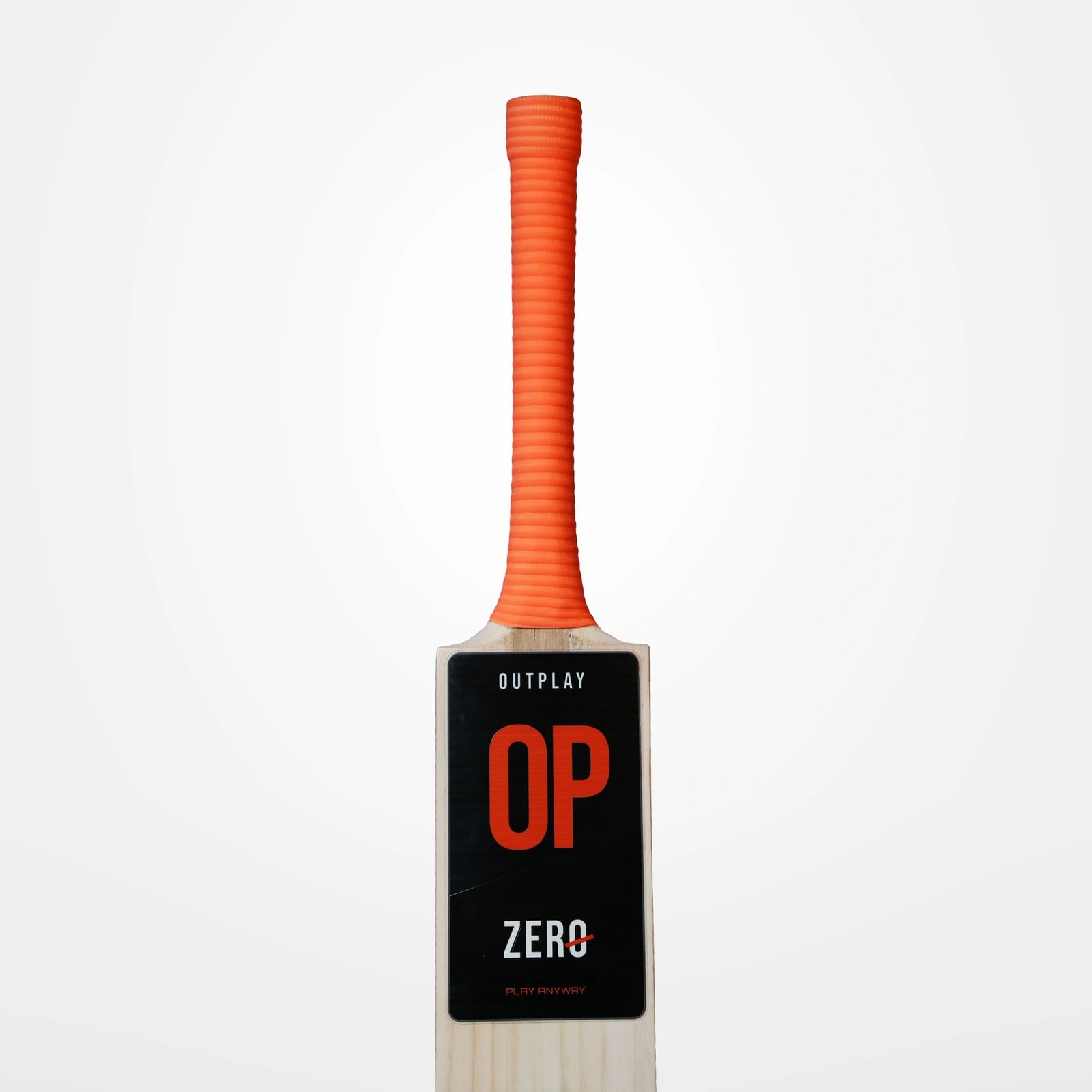 Close-up of the ribbed orange grip meeting the shoulders of the blade, above the black OUTPLAY OP ZERO label